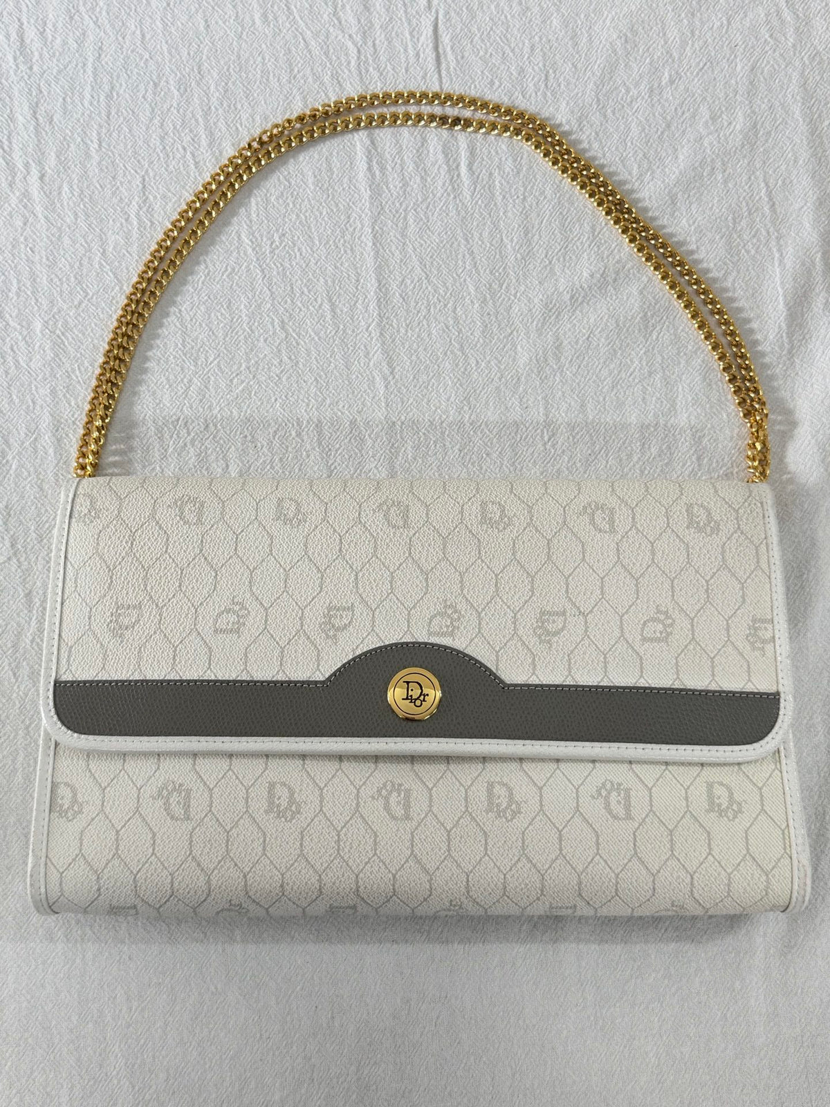 Christian Dior Vintage Honeycomb Canvas Chain Shoulder Bag White