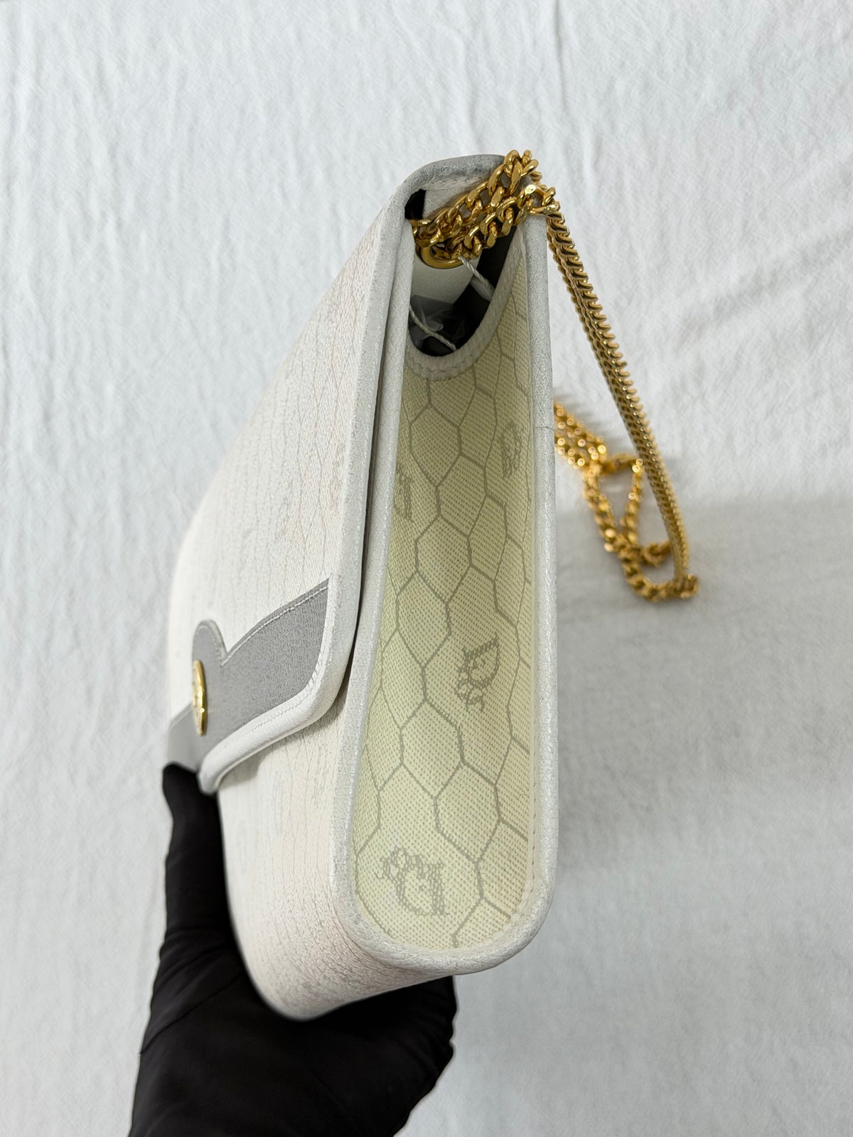 Christian Dior Vintage Honeycomb Canvas Chain Shoulder Bag White