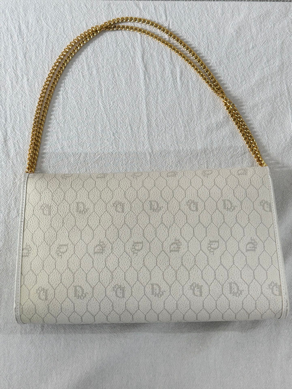 Christian Dior Vintage Honeycomb Canvas Chain Shoulder Bag White