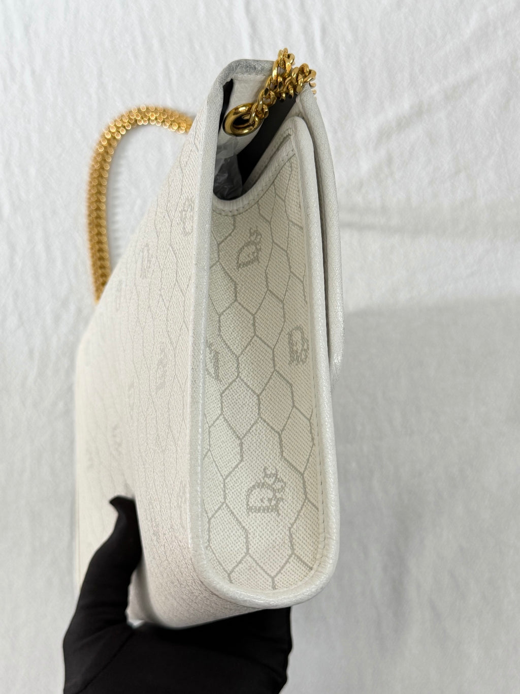 Christian Dior Vintage Honeycomb Canvas Chain Shoulder Bag White