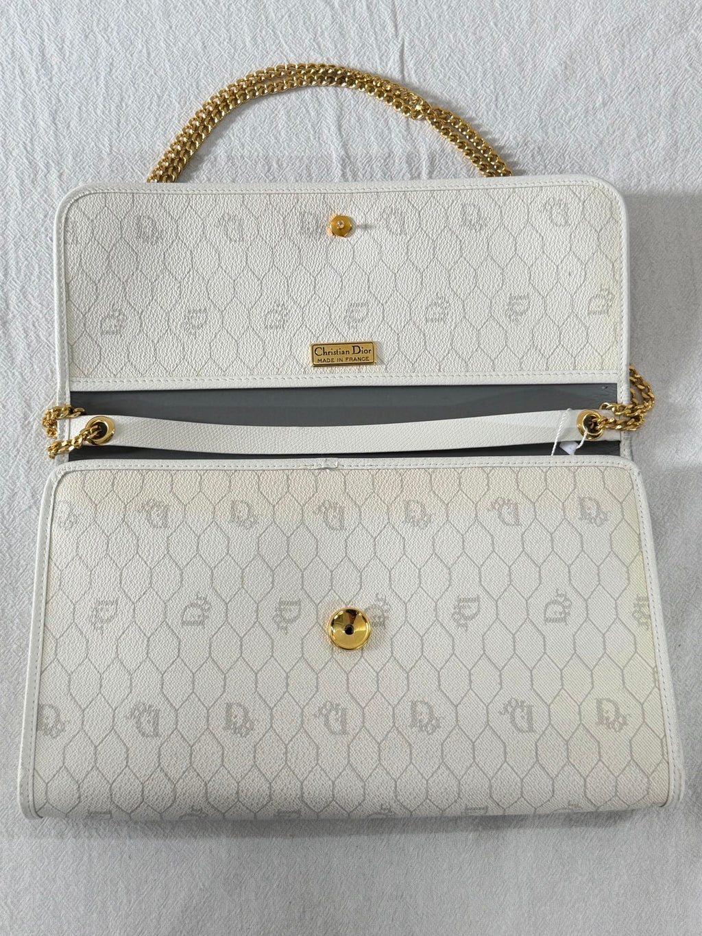 Christian Dior Vintage Honeycomb Canvas Chain Shoulder Bag White