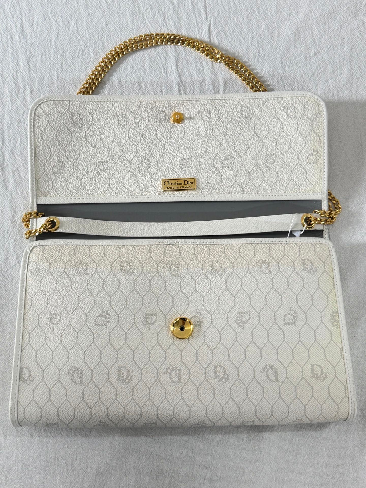 Christian Dior Vintage Honeycomb Canvas Chain Shoulder Bag White