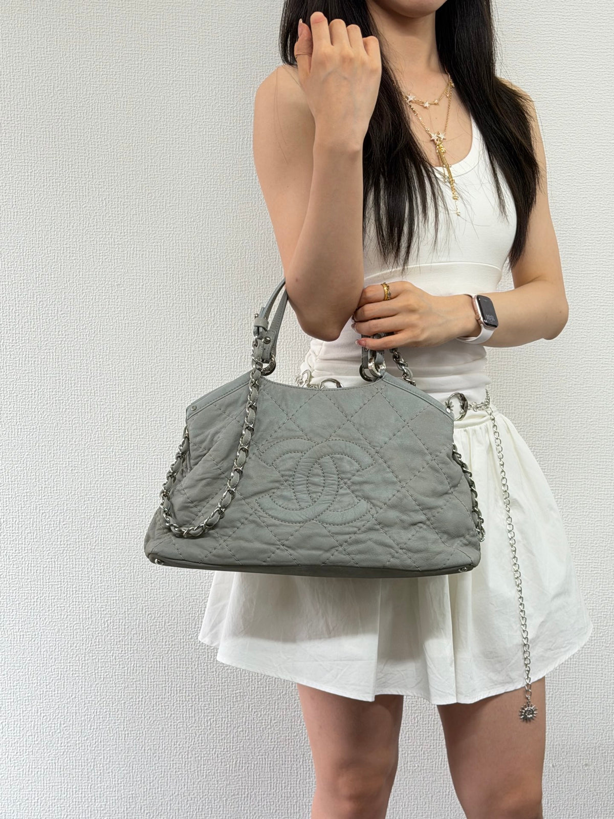 Chanel Vintage CC Crave Caviar Flap Top Handle 2WAY Bag Grey