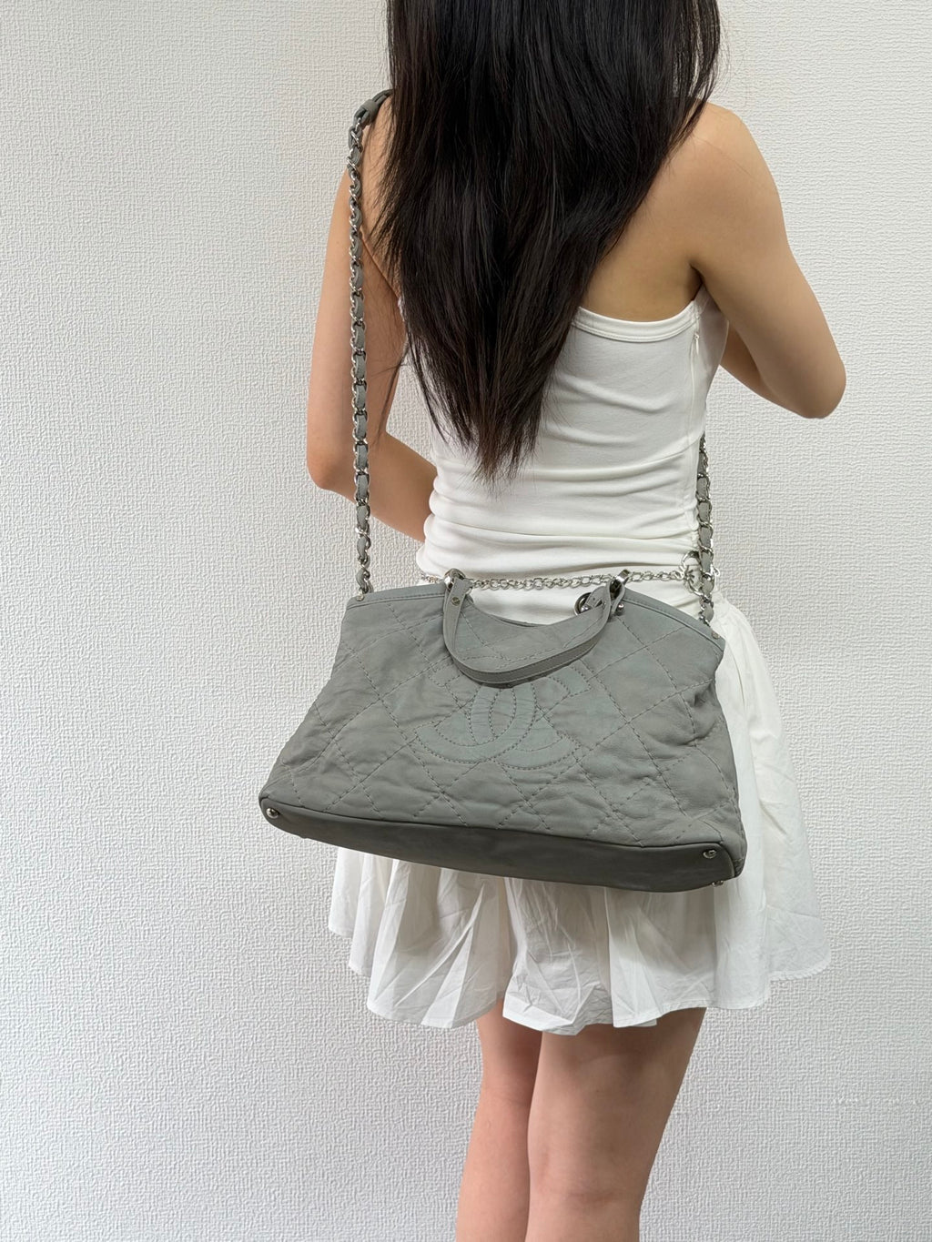 Chanel Vintage CC Crave Caviar Flap Top Handle 2WAY Bag Grey