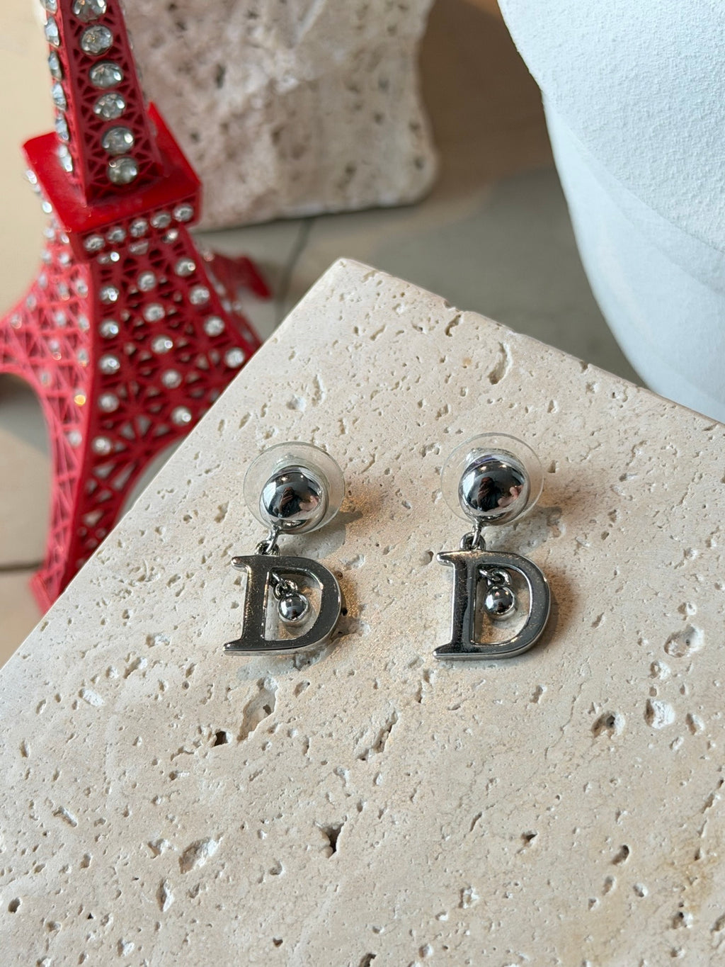 Christian Dior Vintage D Logo Swing Silver Pierced Earrings