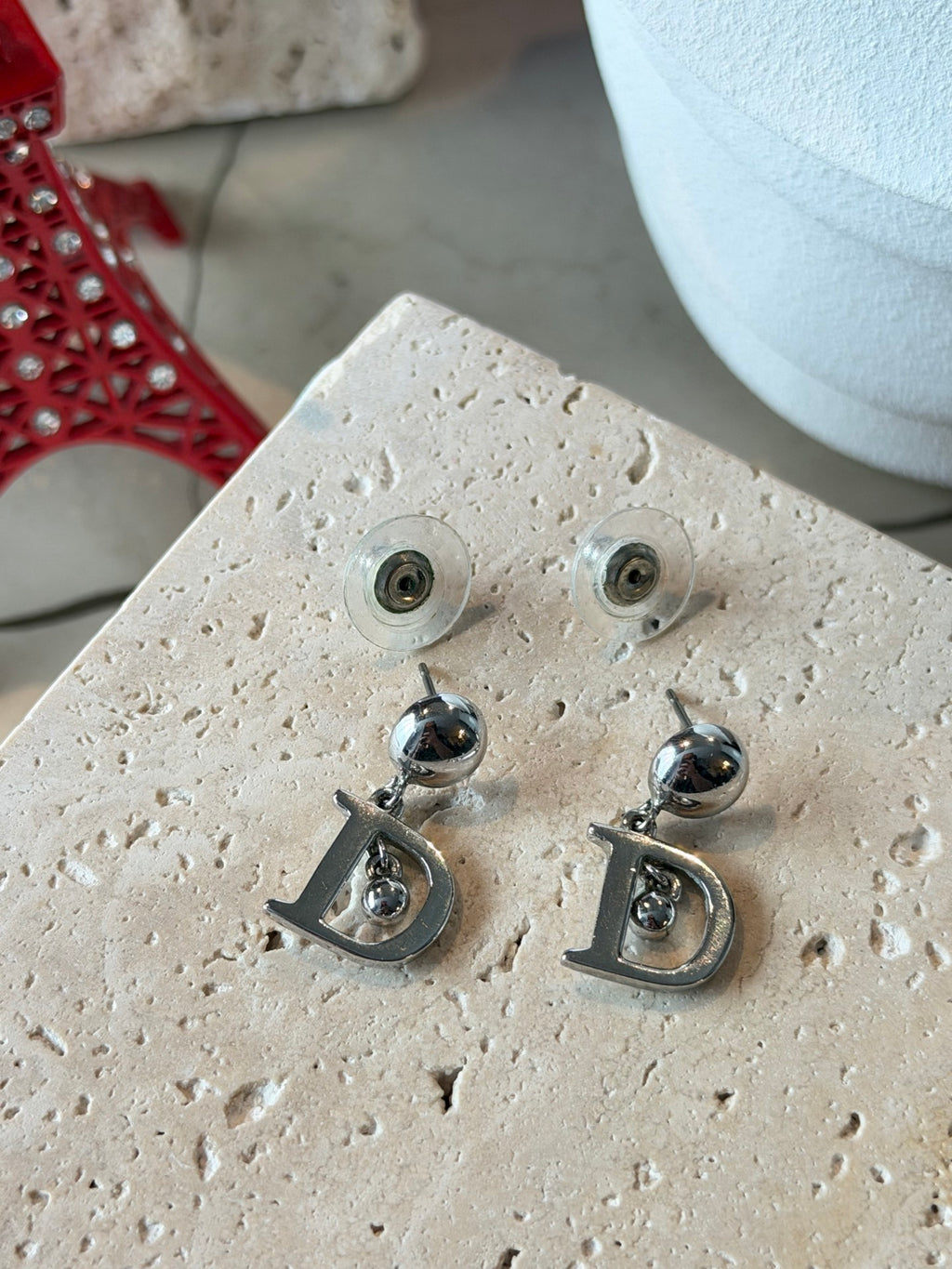 Christian Dior Vintage D Logo Swing Silver Pierced Earrings
