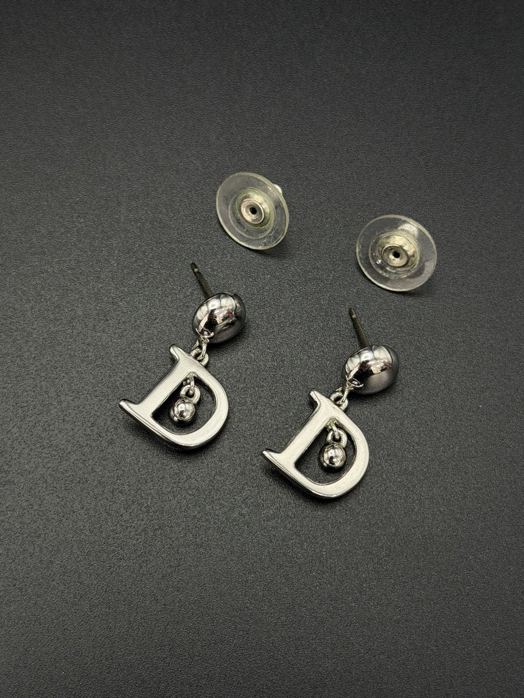Christian Dior Vintage D Logo Swing Silver Pierced Earrings