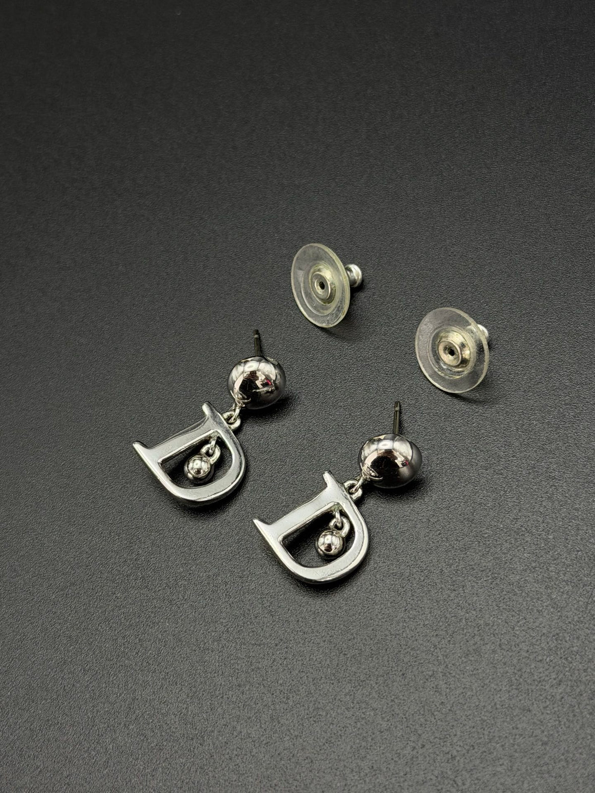 Christian Dior Vintage D Logo Swing Silver Pierced Earrings
