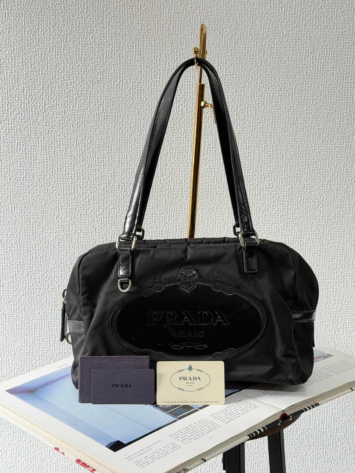 Prada Vintage Tessuto Print Logo Nylon Handbag Black