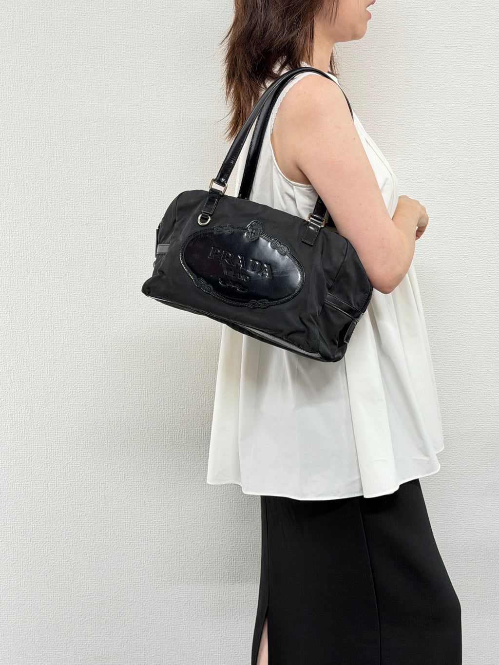 Prada Vintage Tessuto Print Logo Nylon Handbag Black