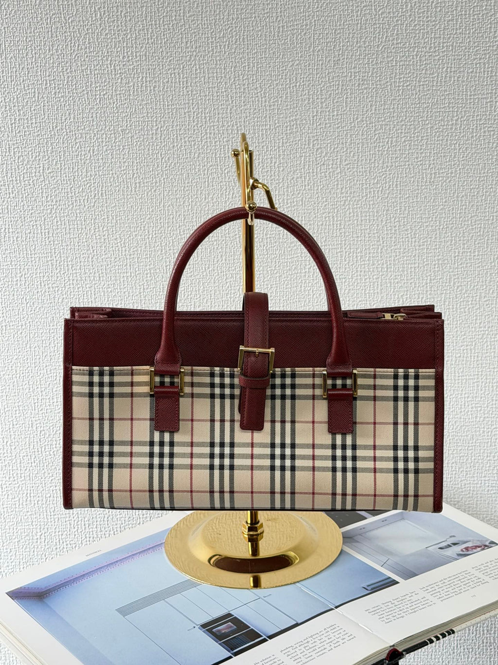 Burberry Nova Check Rectangular Handle Bag Bordeaux Leather Trim