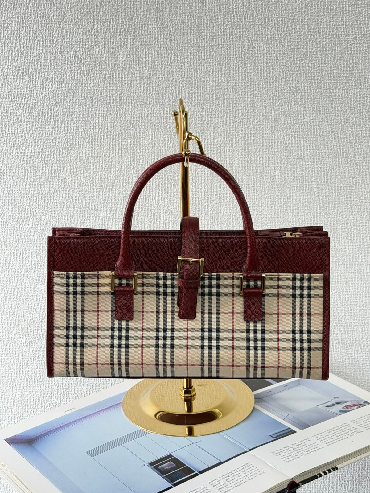 Burberry Nova Check Rectangular Handle Bag Bordeaux Leather Trim