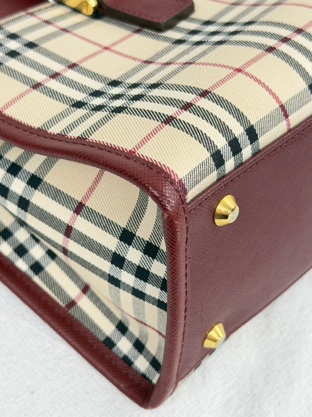 Burberry Nova Check Rectangular Handle Bag Bordeaux Leather Trim