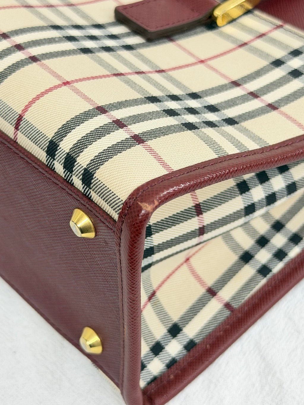 Burberry Nova Check Rectangular Handle Bag Bordeaux Leather Trim
