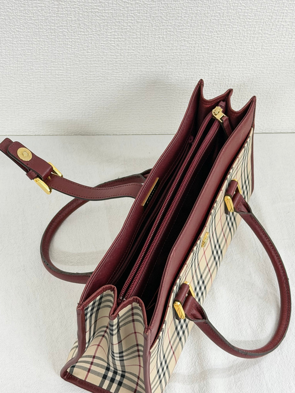 Burberry Nova Check Rectangular Handle Bag Bordeaux Leather Trim