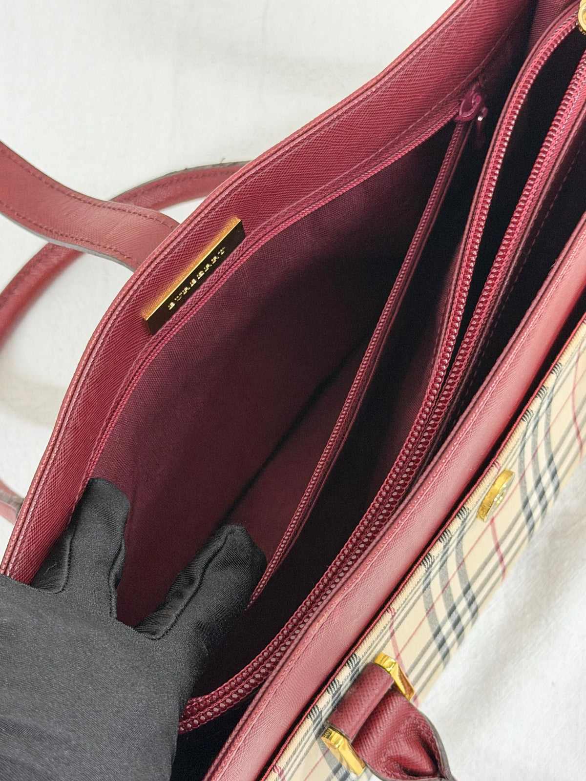 Burberry Nova Check Rectangular Handle Bag Bordeaux Leather Trim