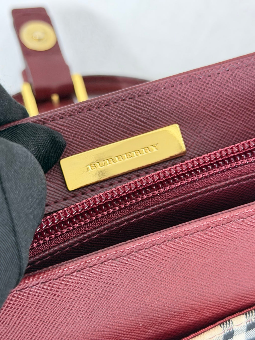 Burberry Nova Check Rectangular Handle Bag Bordeaux Leather Trim