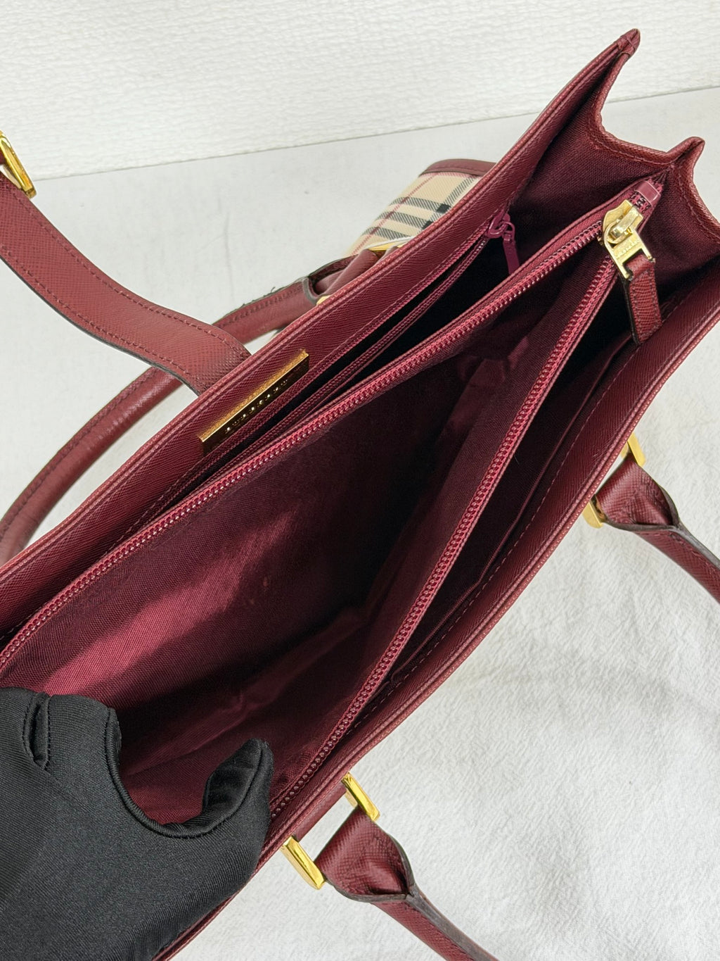 Burberry Nova Check Rectangular Handle Bag Bordeaux Leather Trim
