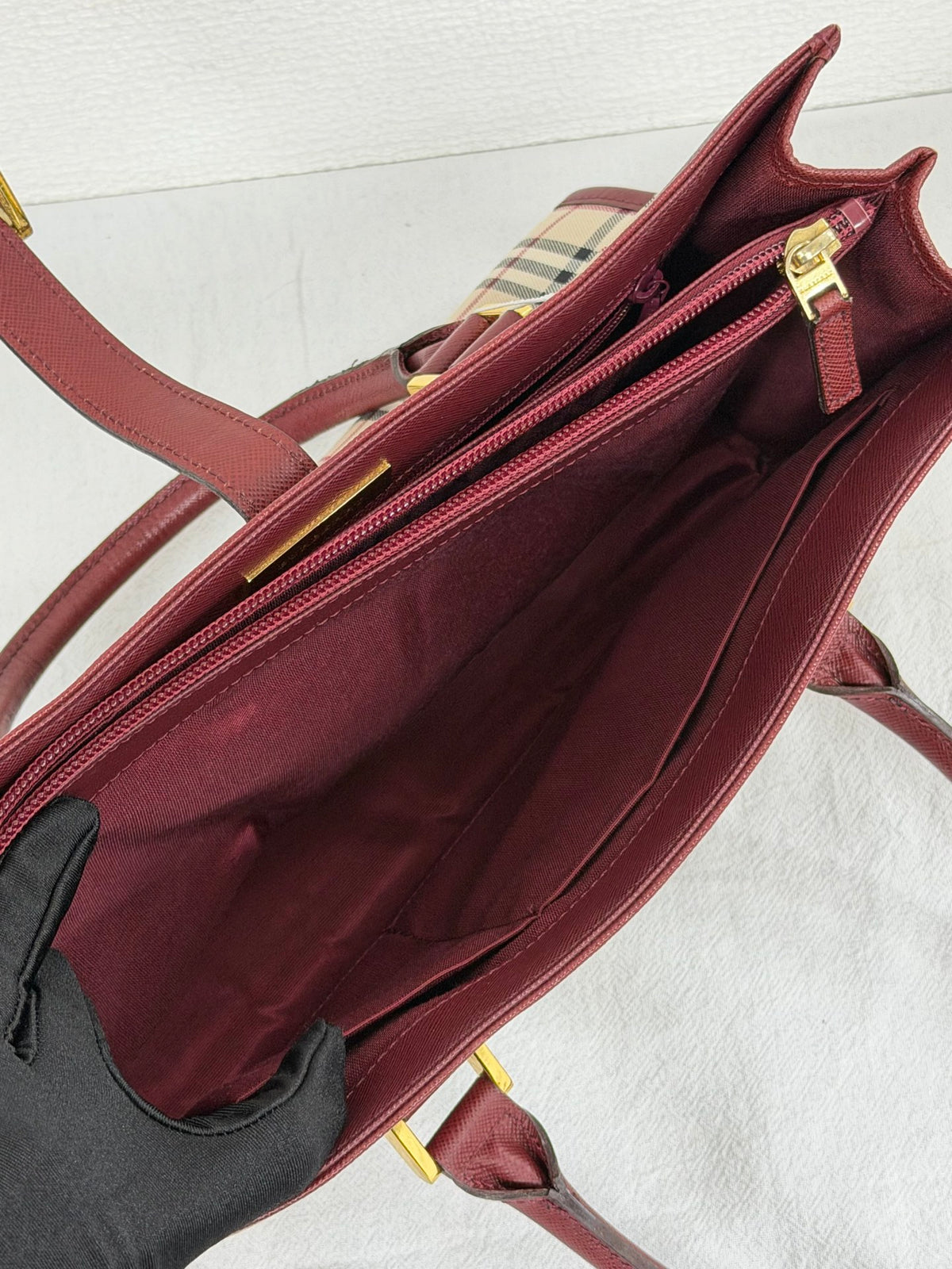 Burberry Nova Check Rectangular Handle Bag Bordeaux Leather Trim