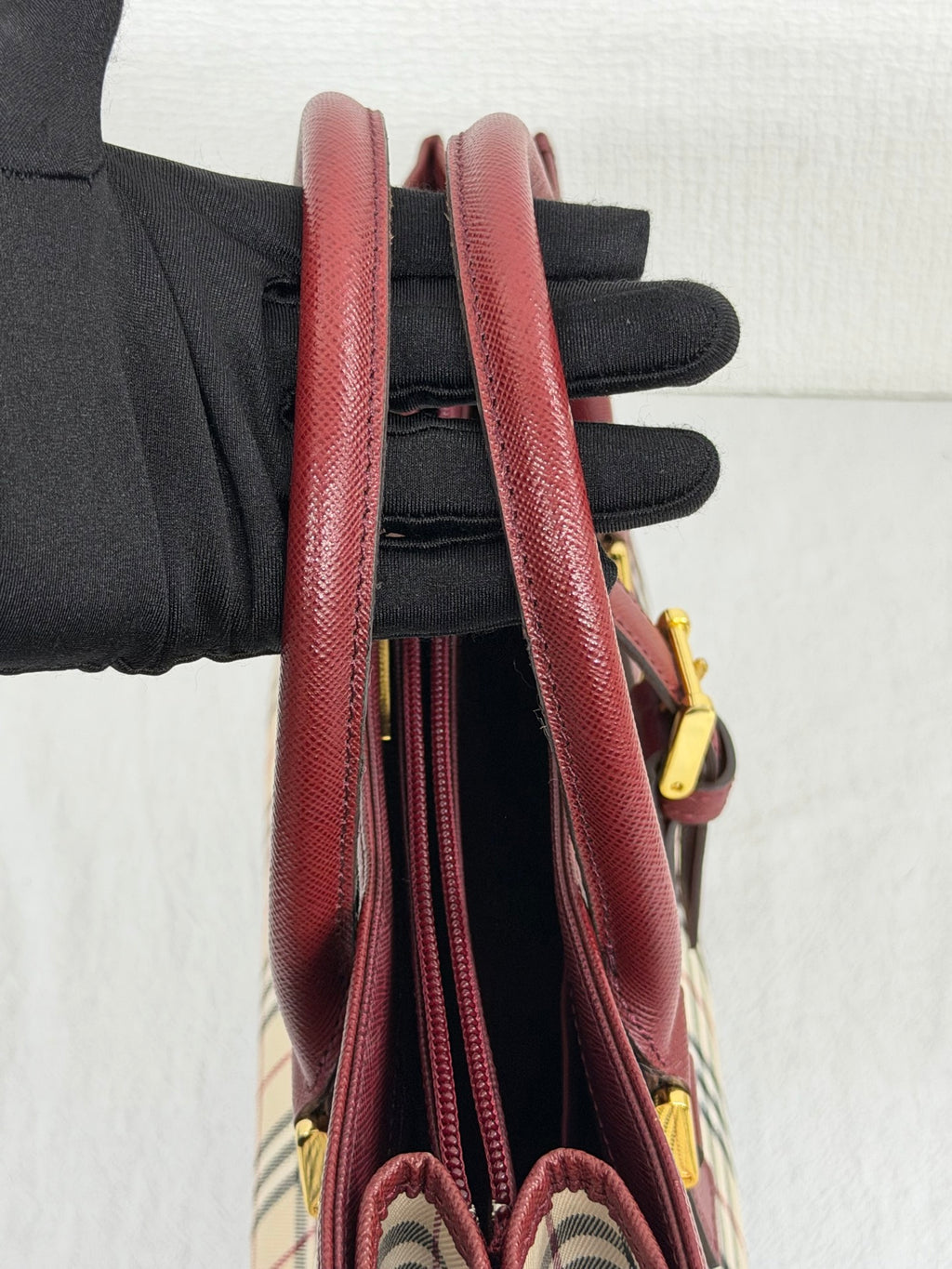 Burberry Nova Check Rectangular Handle Bag Bordeaux Leather Trim