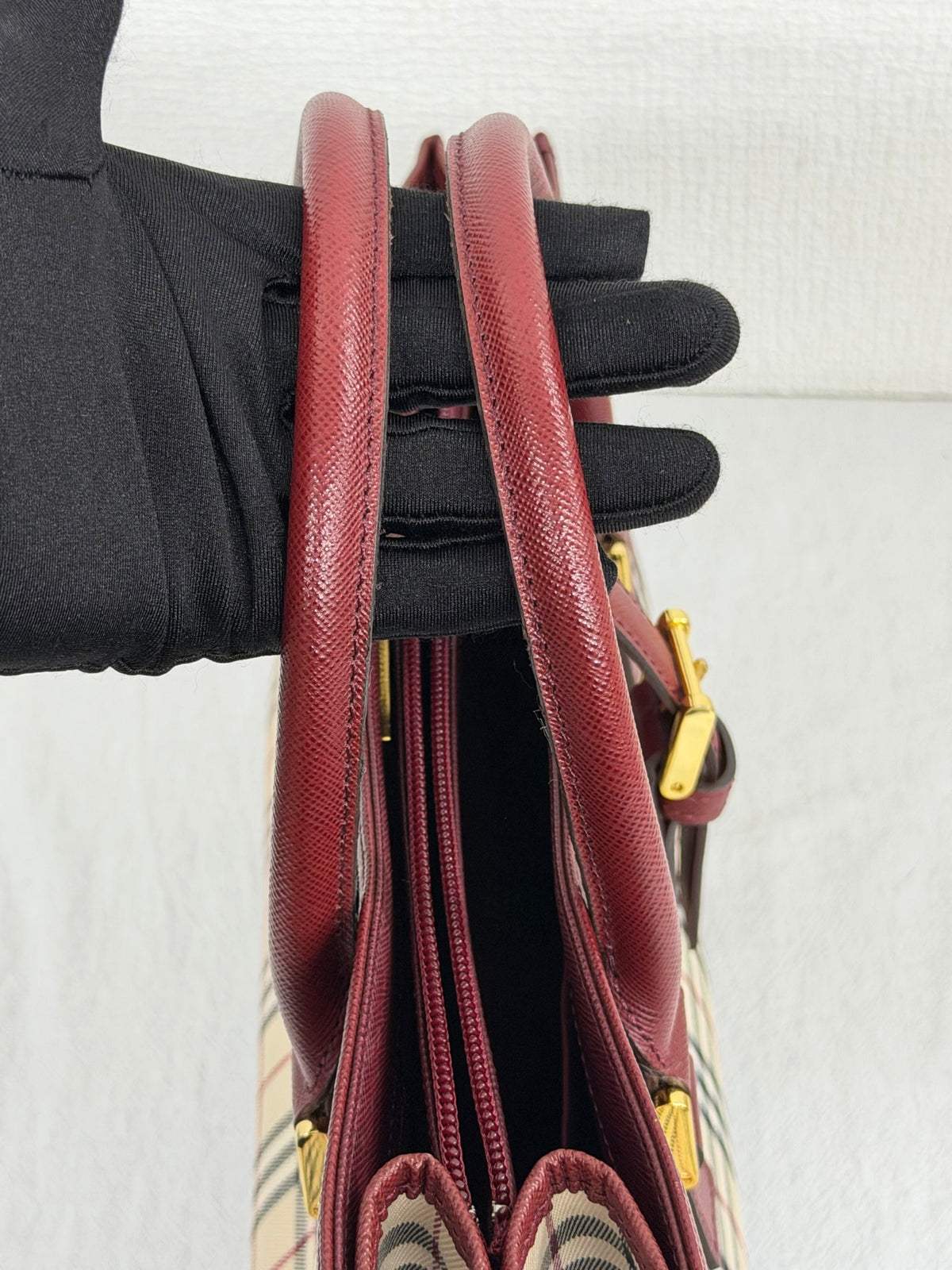 Burberry Nova Check Rectangular Handle Bag Bordeaux Leather Trim