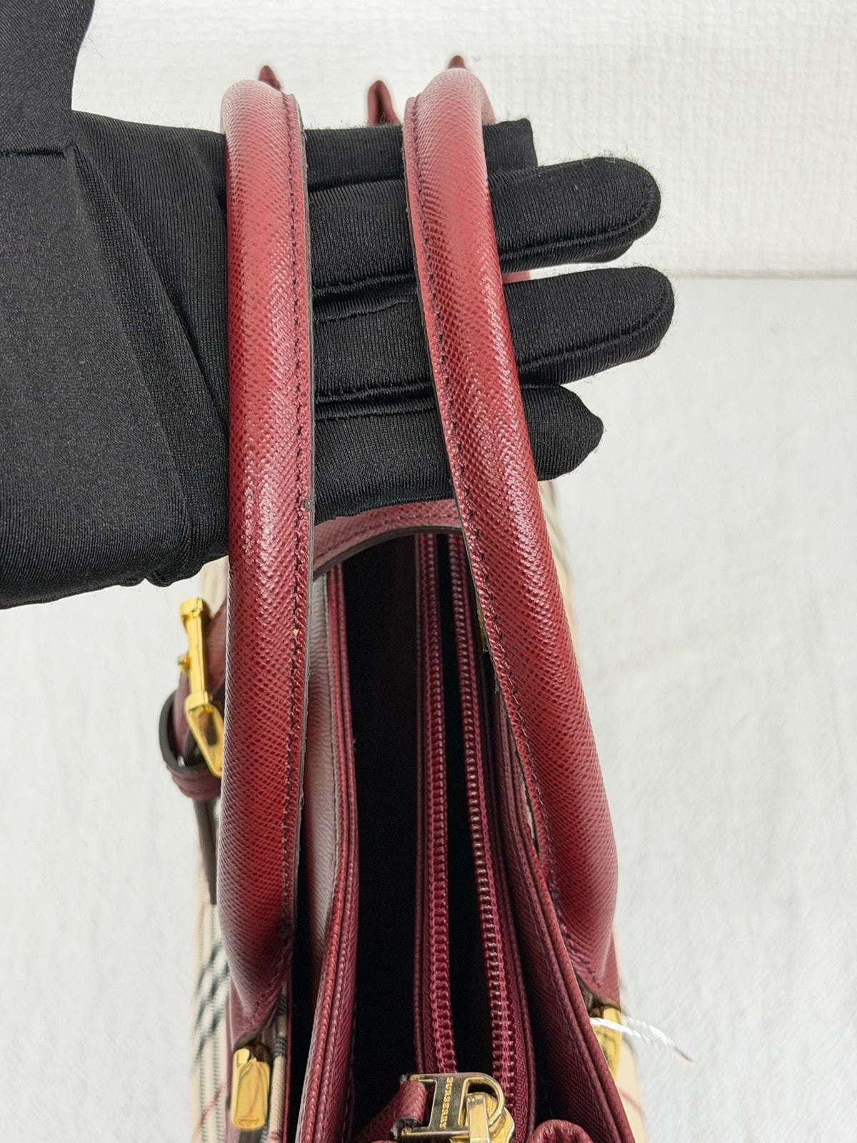 Burberry Nova Check Rectangular Handle Bag Bordeaux Leather Trim
