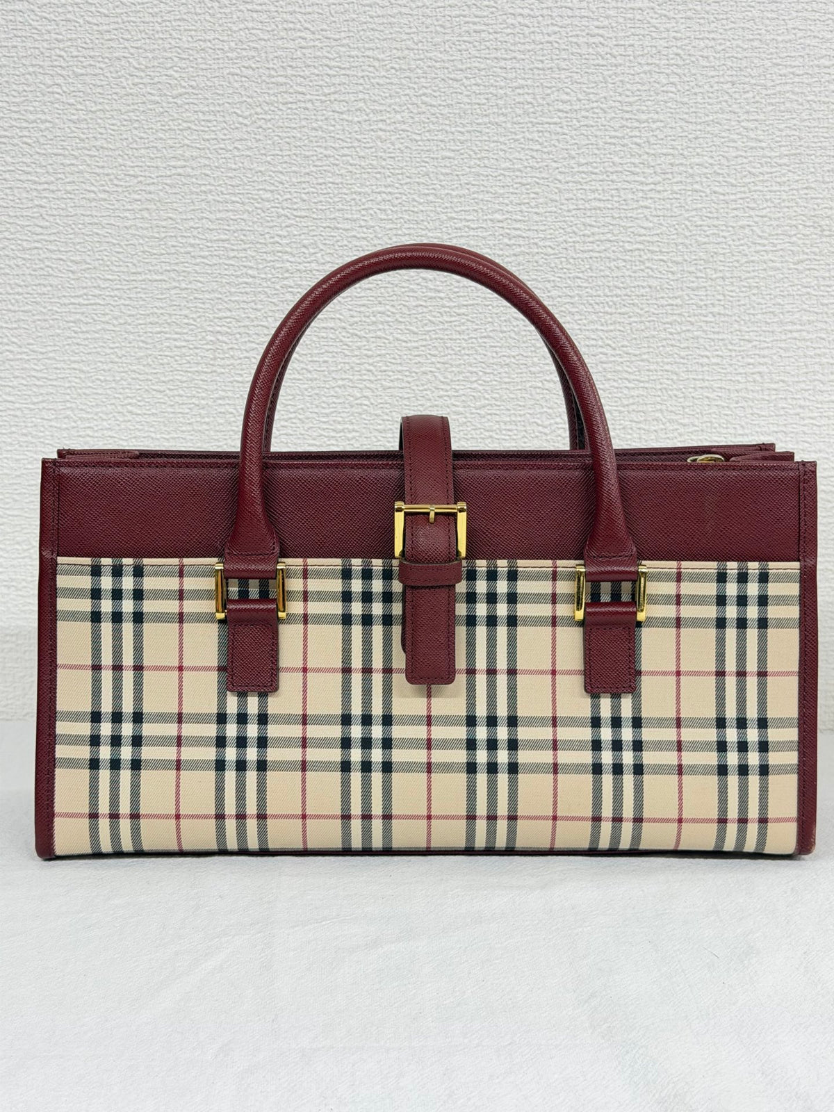 Burberry Nova Check Rectangular Handle Bag Bordeaux Leather Trim