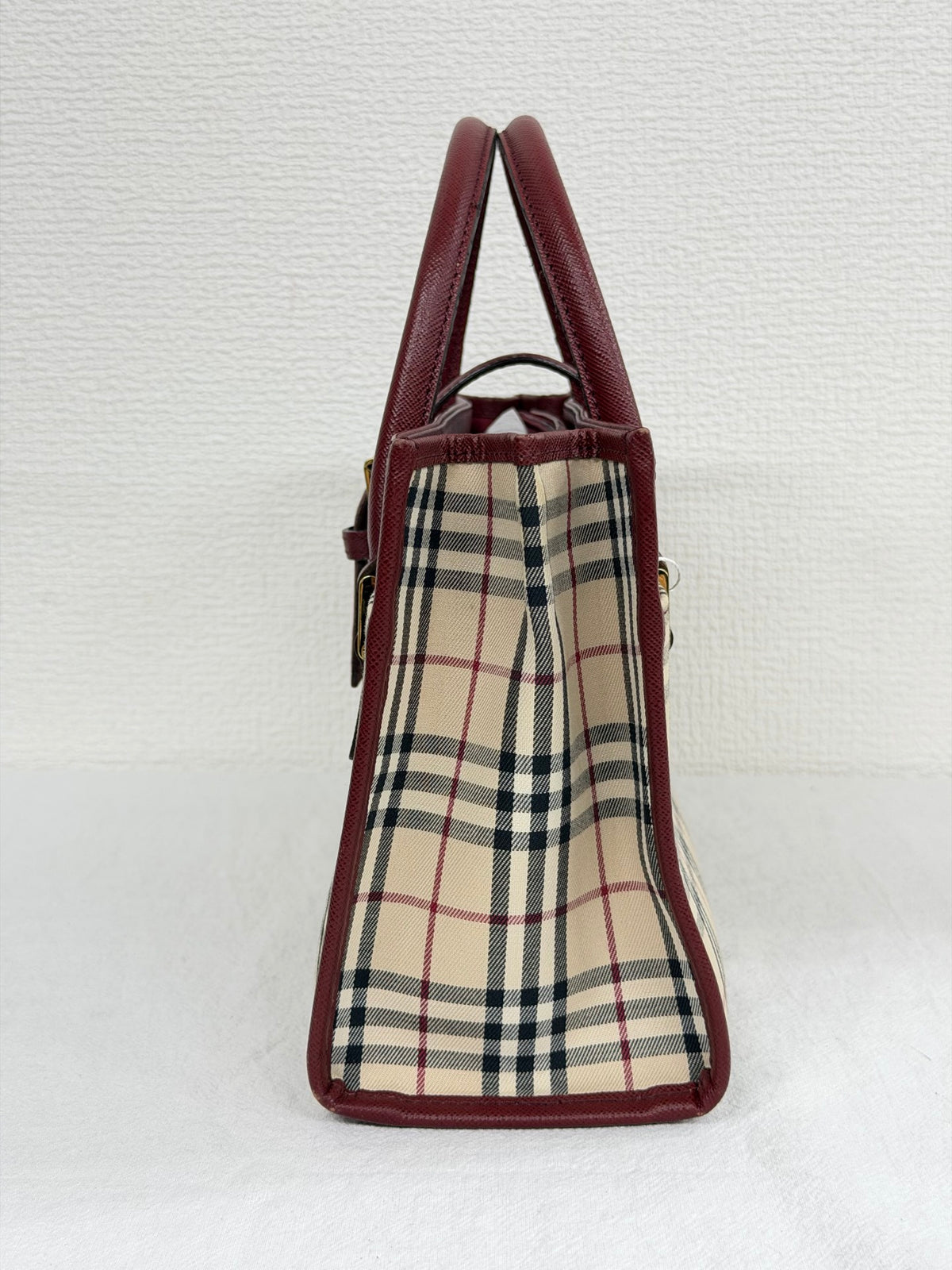 Burberry Nova Check Rectangular Handle Bag Bordeaux Leather Trim