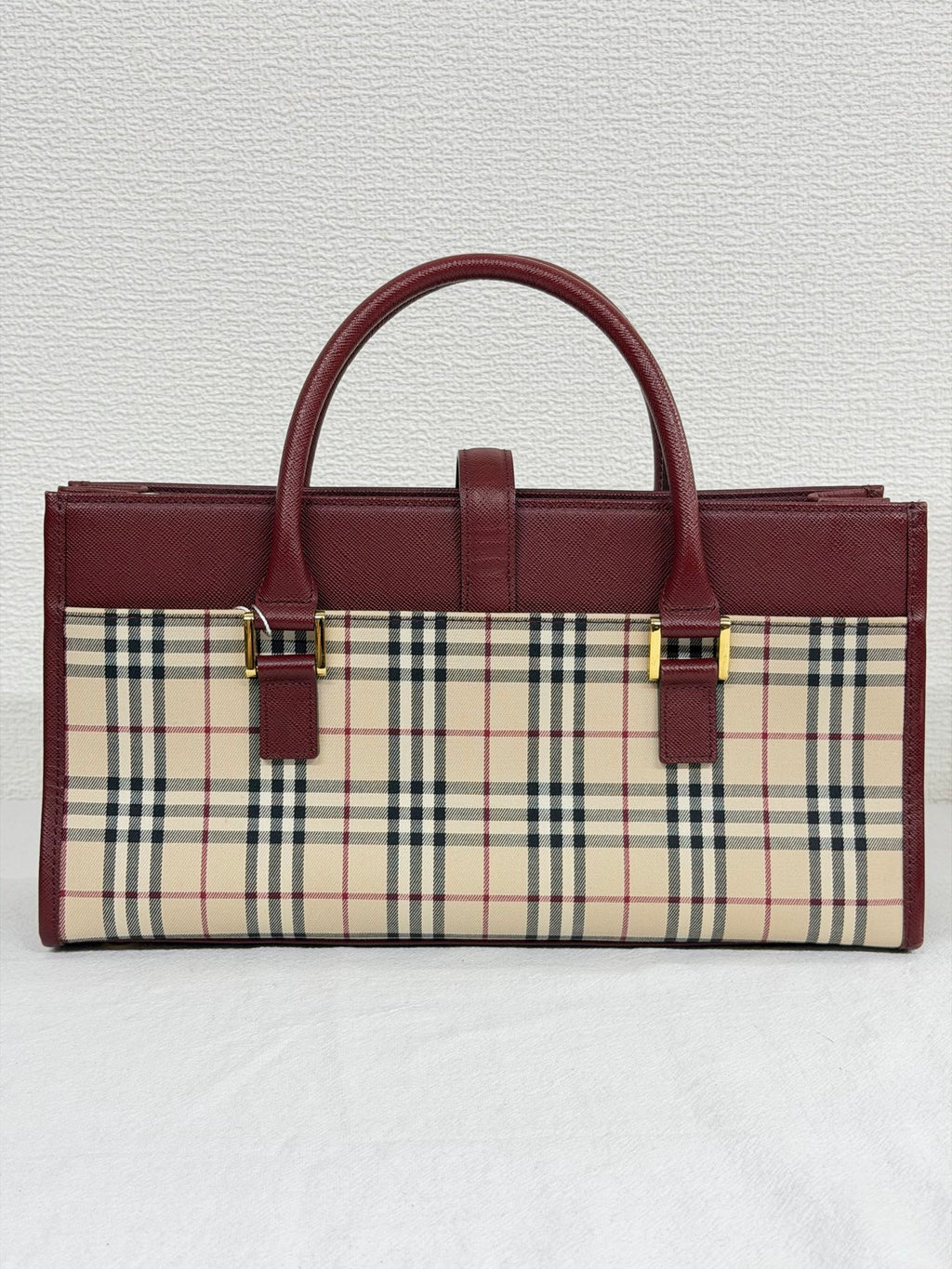 Burberry Nova Check Rectangular Handle Bag Bordeaux Leather Trim