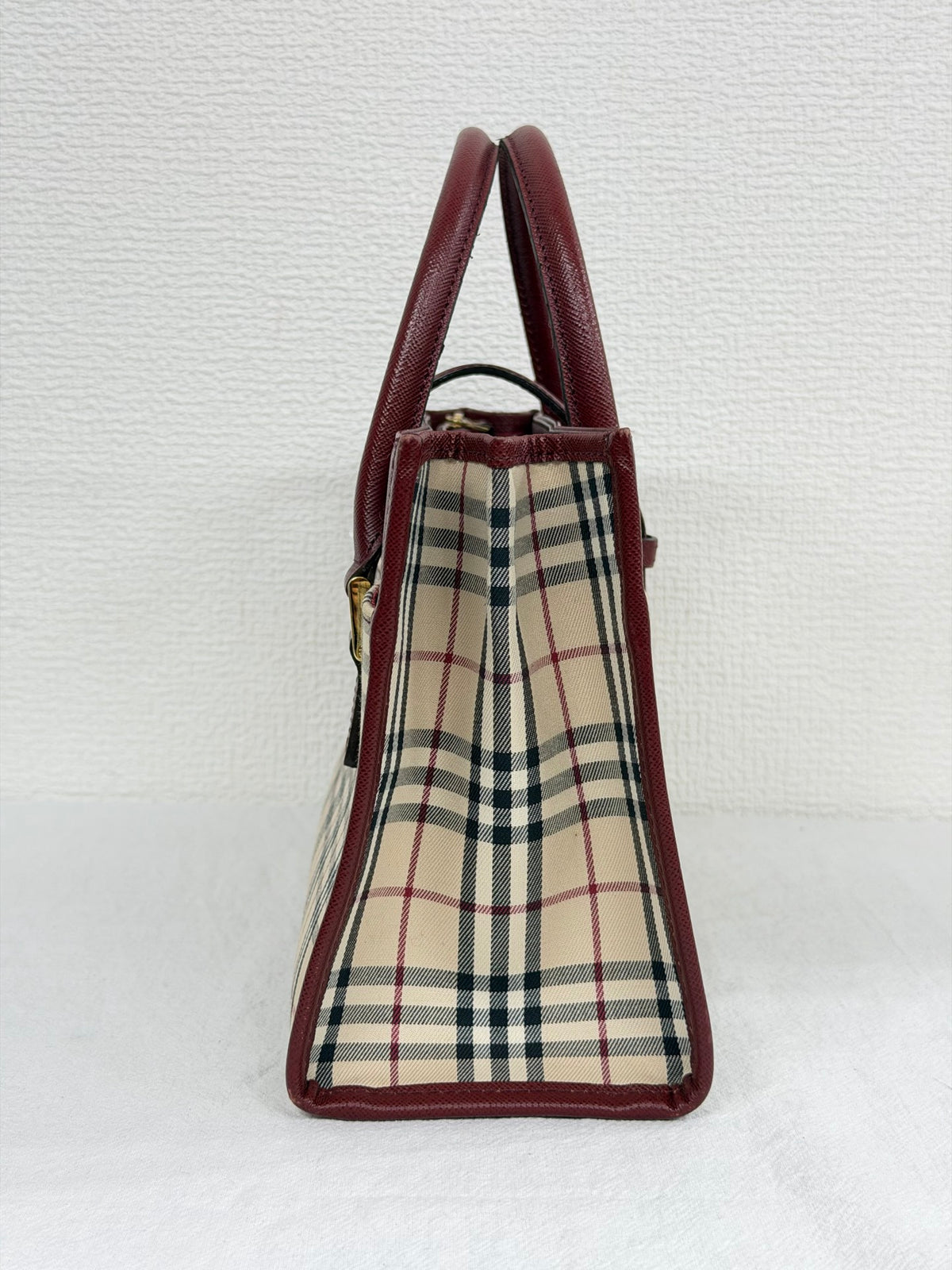 Burberry Nova Check Rectangular Handle Bag Bordeaux Leather Trim