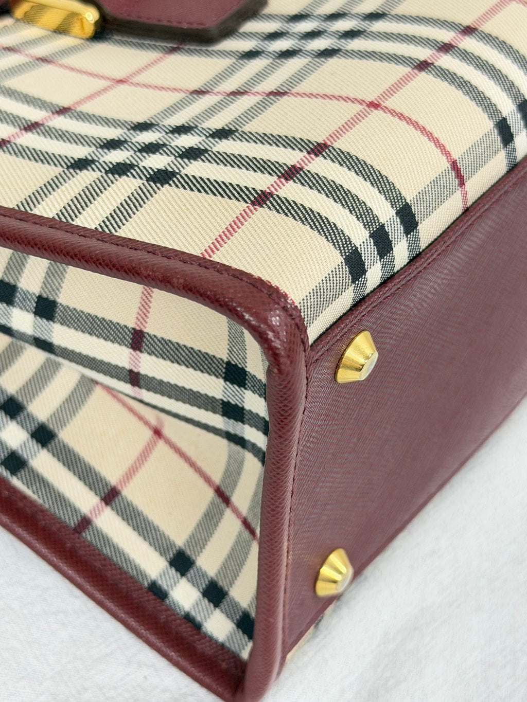 Burberry Nova Check Rectangular Handle Bag Bordeaux Leather Trim