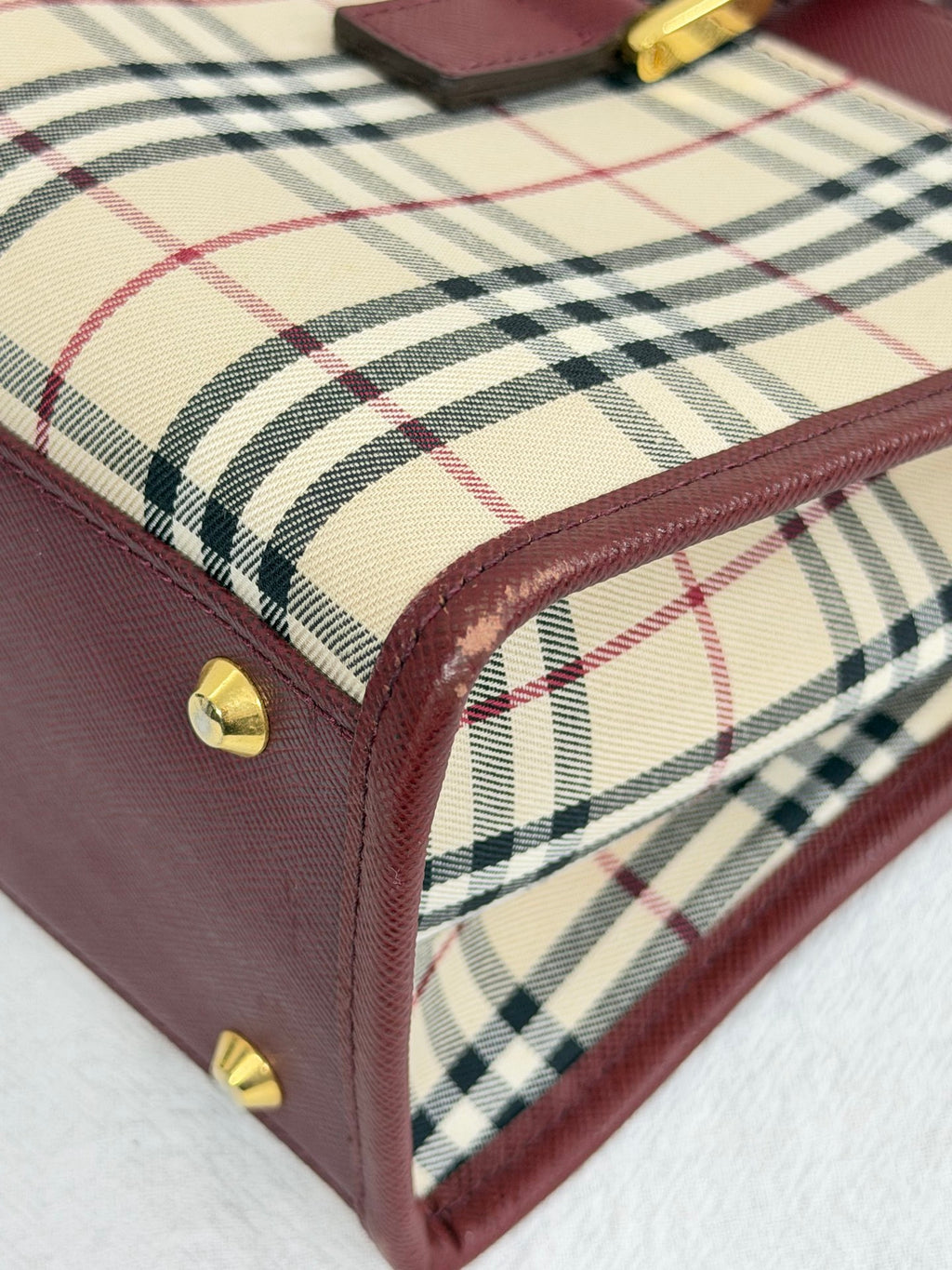 Burberry Nova Check Rectangular Handle Bag Bordeaux Leather Trim