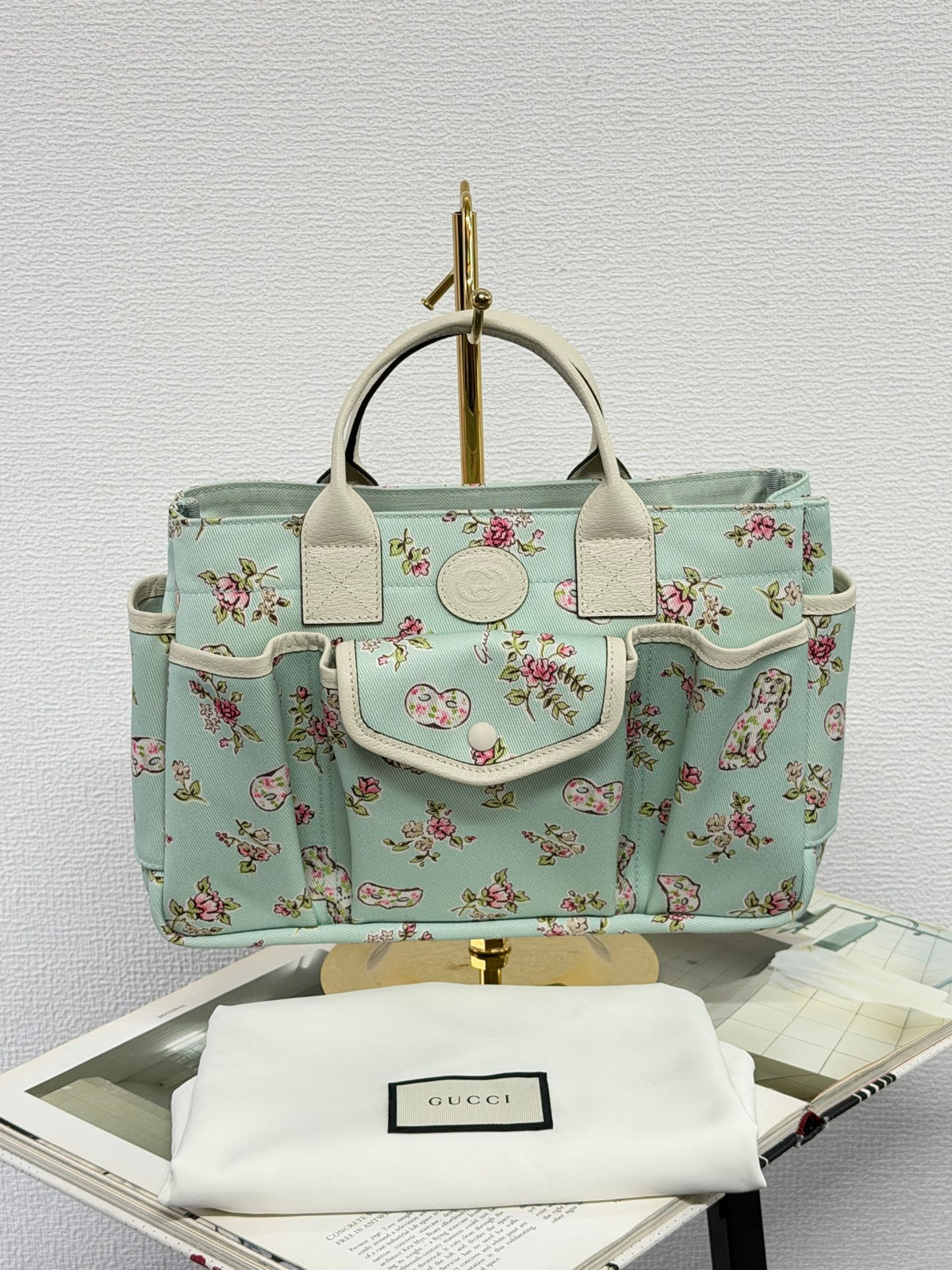 Gucci Children's Floral Dog Print Canvas Tote Bag Mint Green
