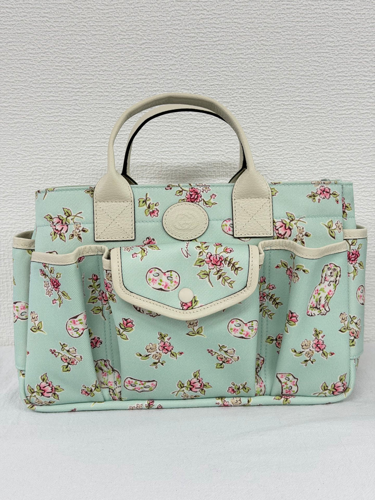 Gucci Children's Floral Dog Print Canvas Tote Bag Mint Green