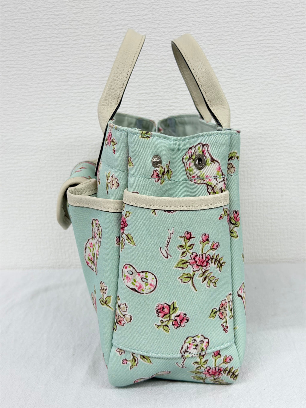 Gucci Children's Floral Dog Print Canvas Tote Bag Mint Green