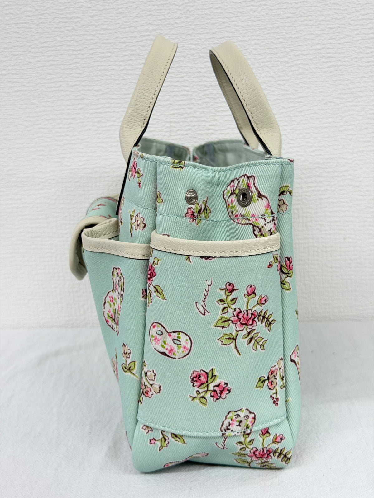 Gucci Children's Floral Dog Print Canvas Tote Bag Mint Green