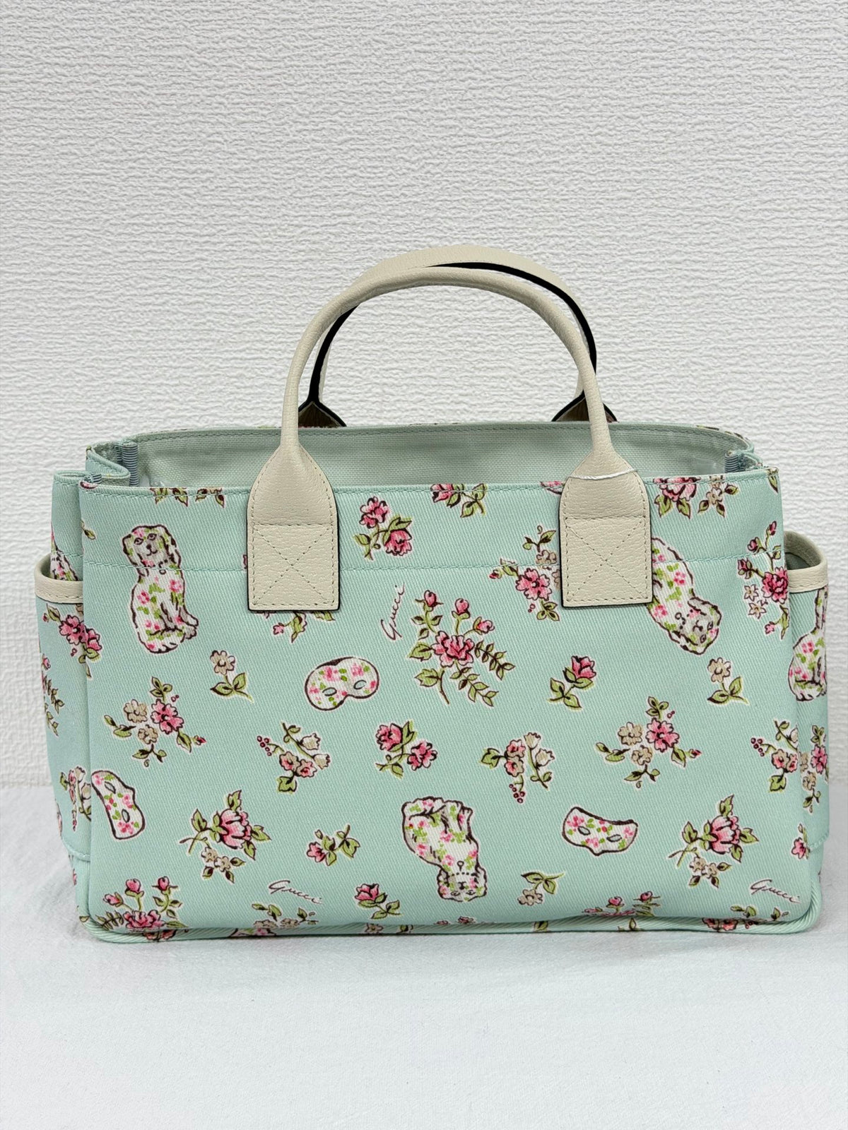 Gucci Children's Floral Dog Print Canvas Tote Bag Mint Green