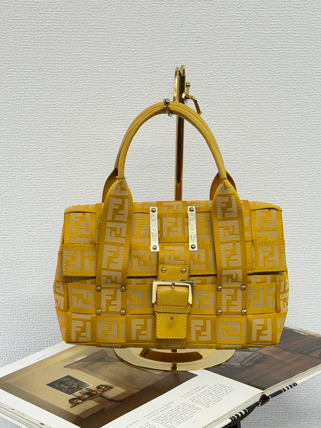 Fendi Vintage Zucca Canvas Crossword Handbag Yellow