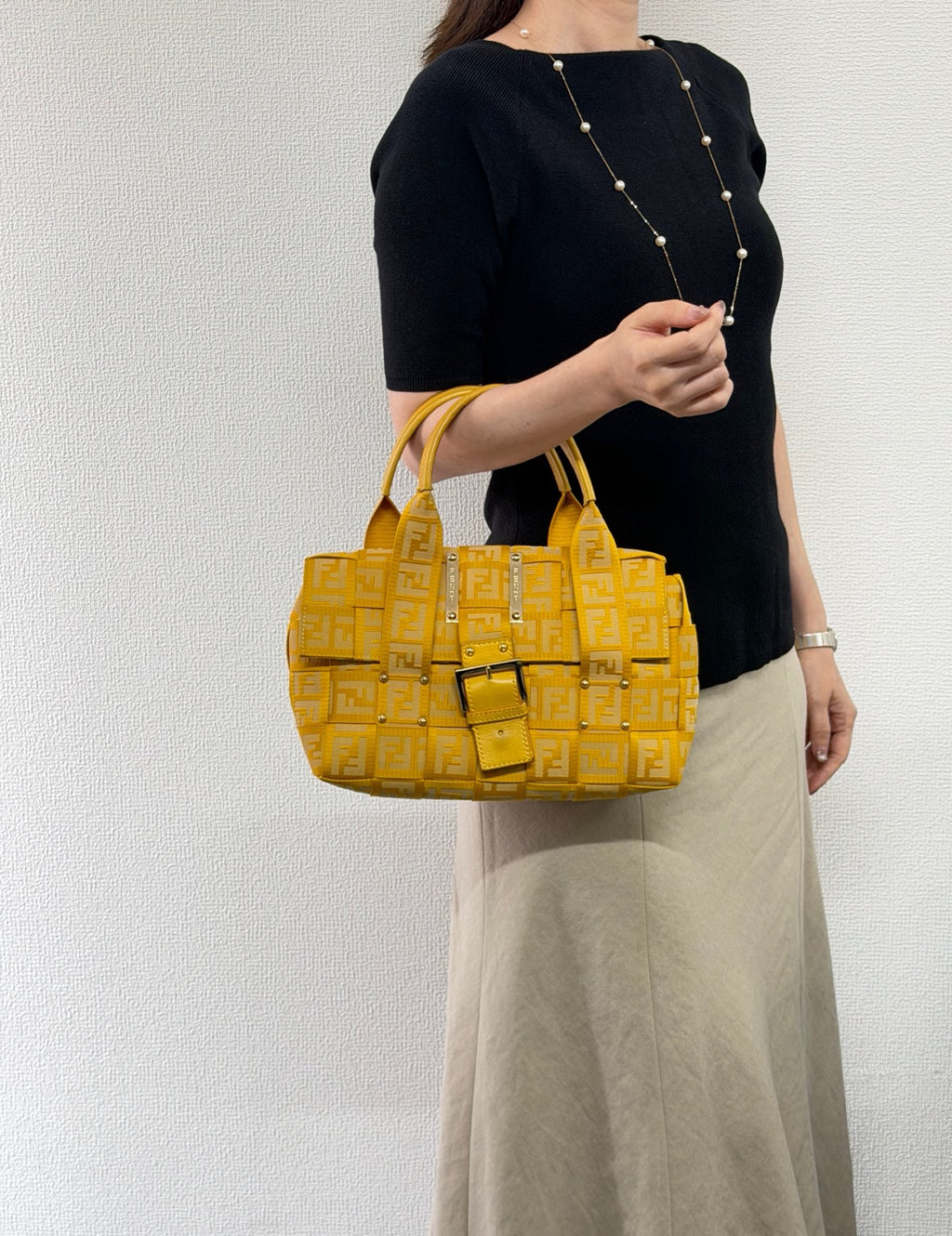 Fendi Vintage Zucca Canvas Crossword Handbag Yellow
