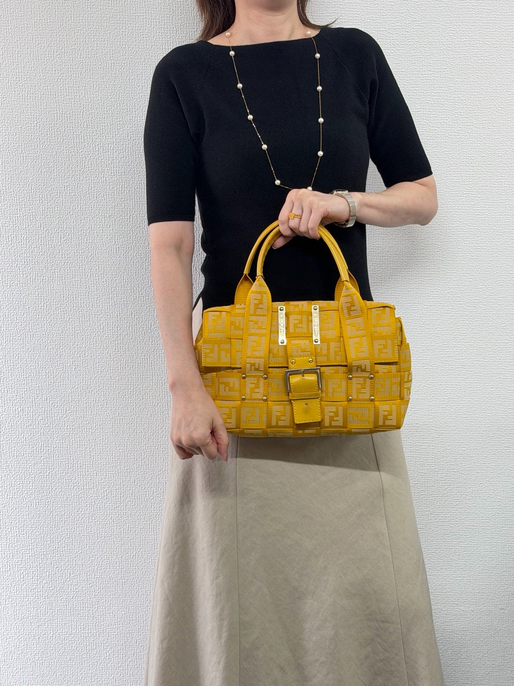 Fendi Vintage Zucca Canvas Crossword Handbag Yellow