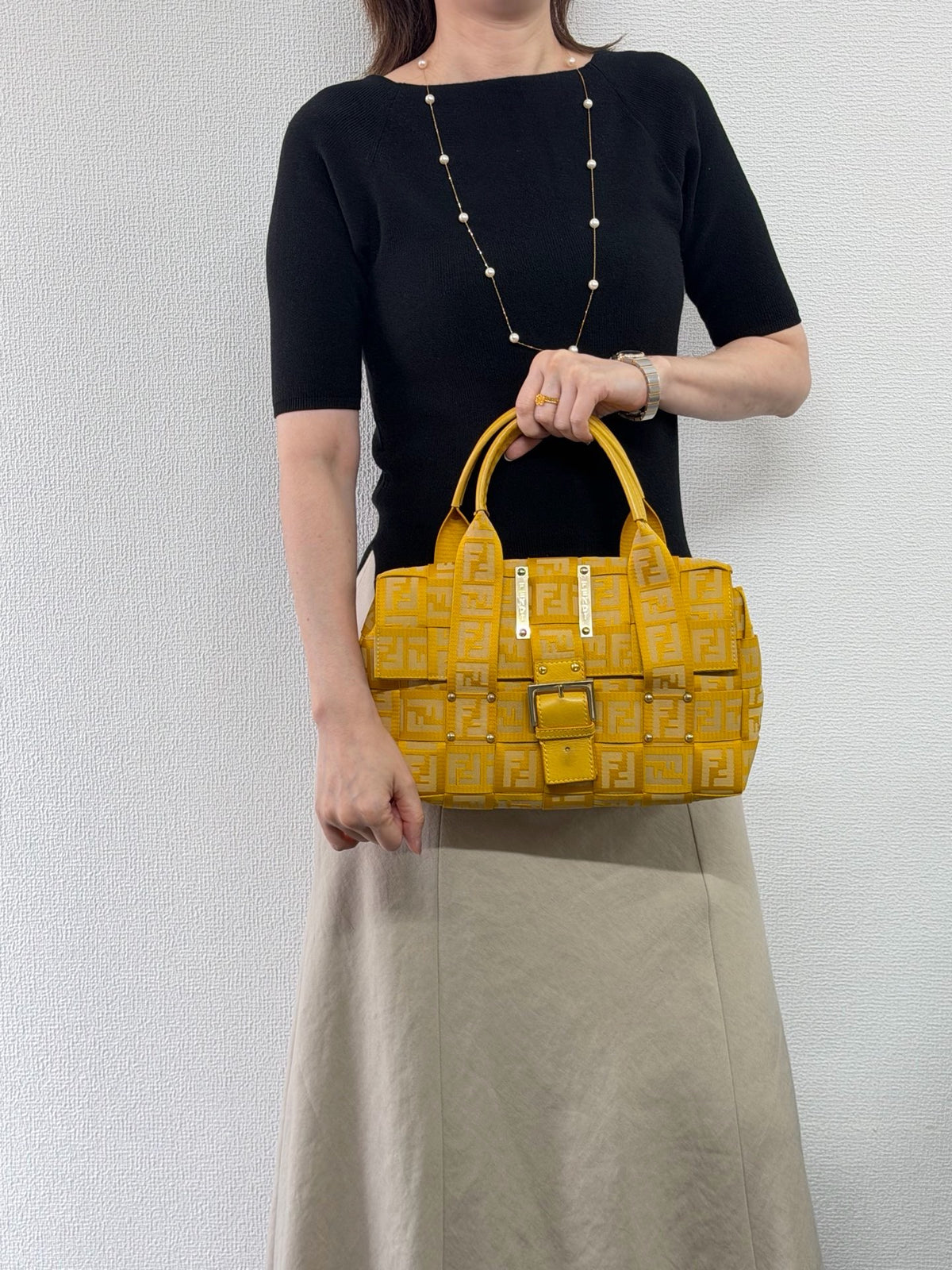 Fendi Vintage Zucca Canvas Crossword Handbag Yellow