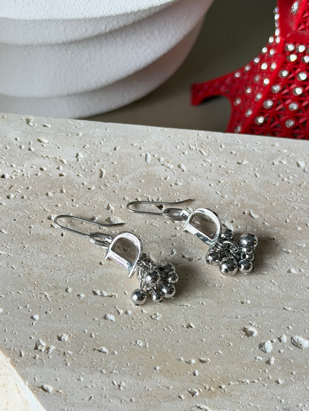 Christian Dior Vintage D Logo Multi Ball Drop Earrings Silver