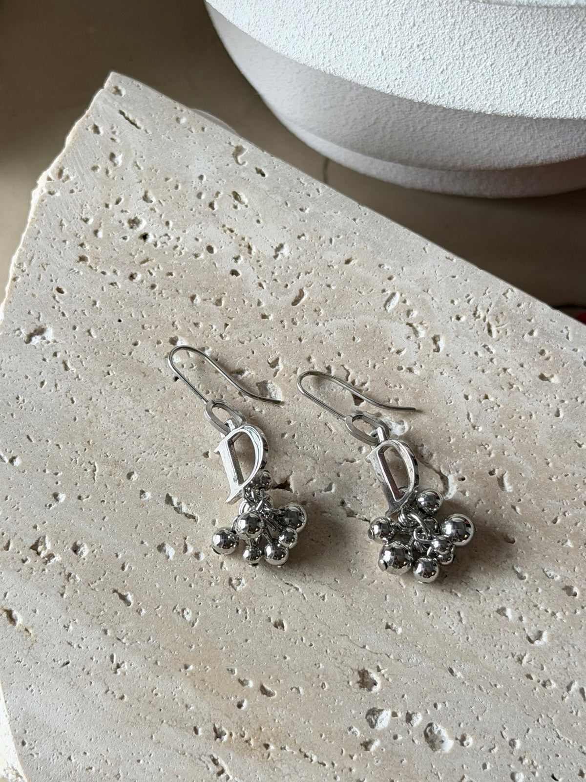 Christian Dior Vintage D Logo Multi Ball Drop Earrings Silver