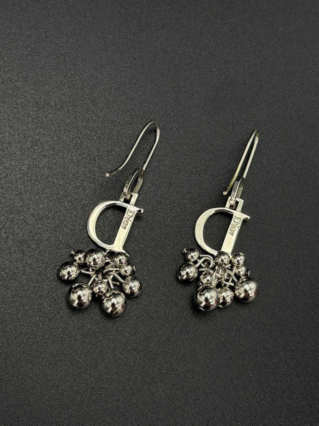 Christian Dior Vintage D Logo Multi Ball Drop Earrings Silver