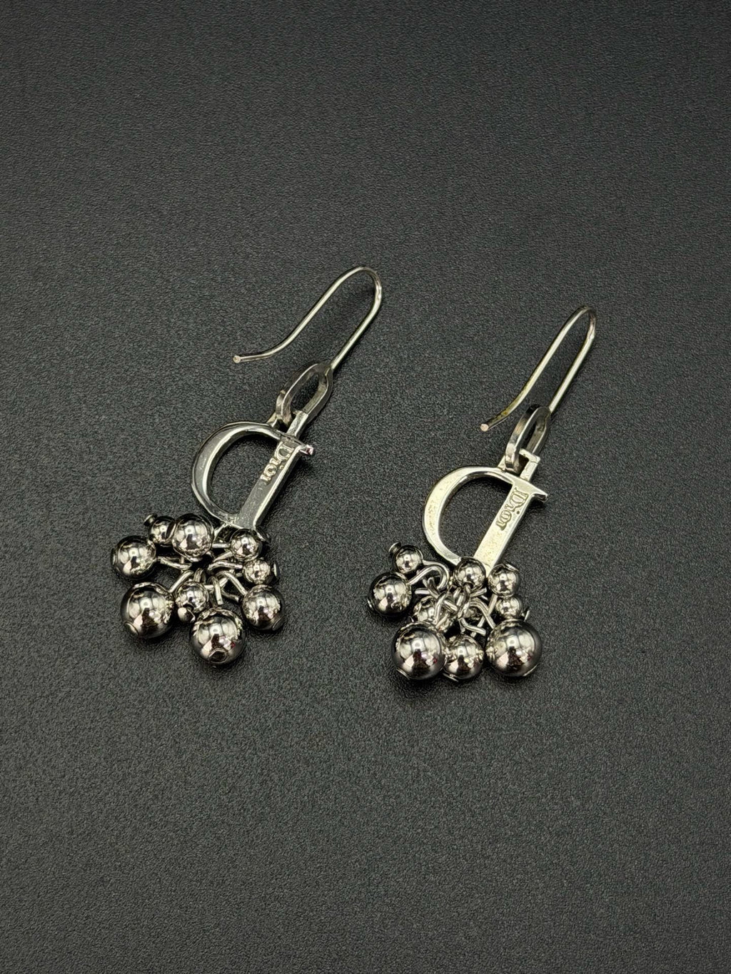 Christian Dior Vintage D Logo Multi Ball Drop Earrings Silver