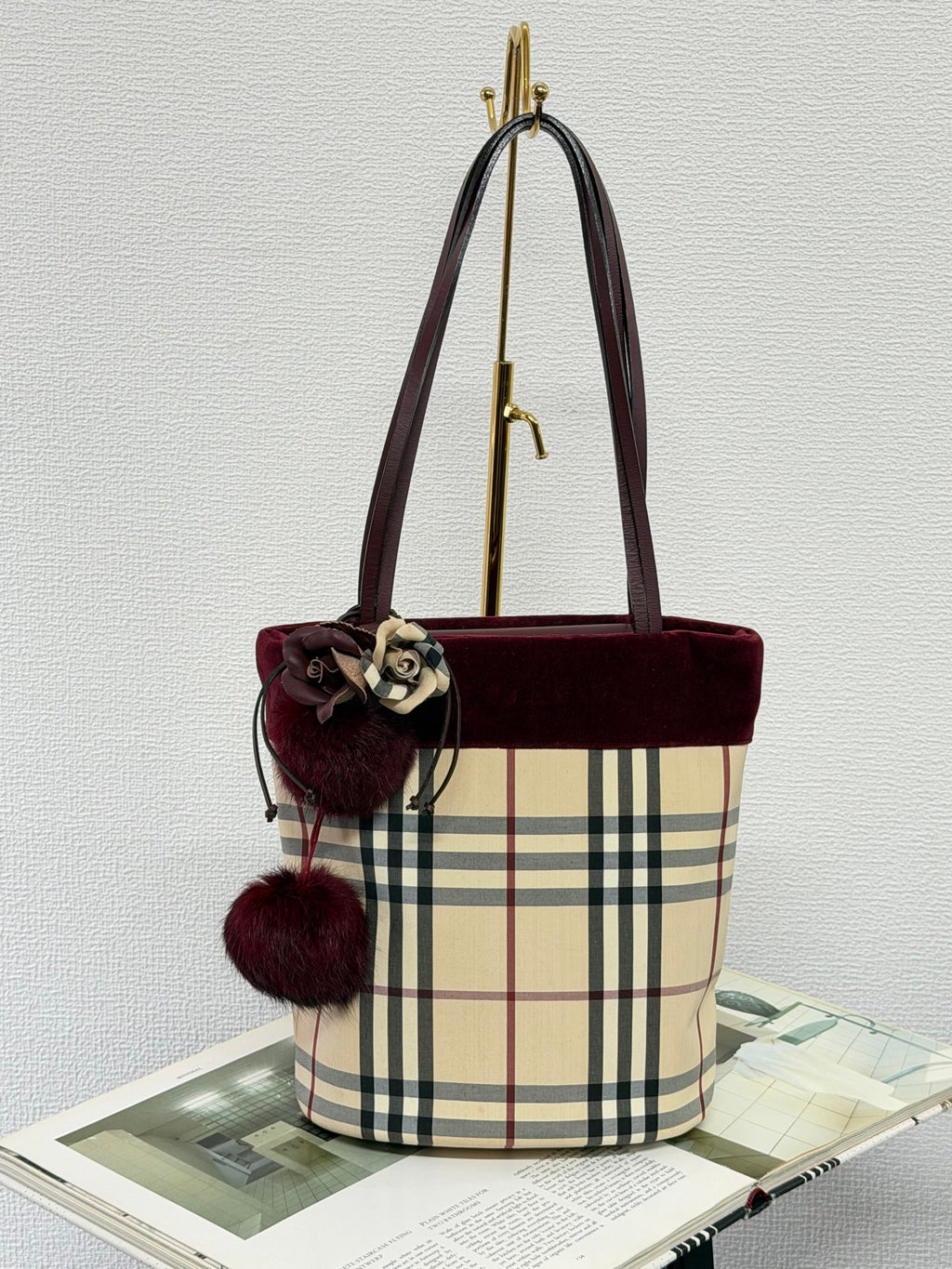 Burberry Nova Check Canvas Bucket Tote Bag Velvet Trim Burgundy