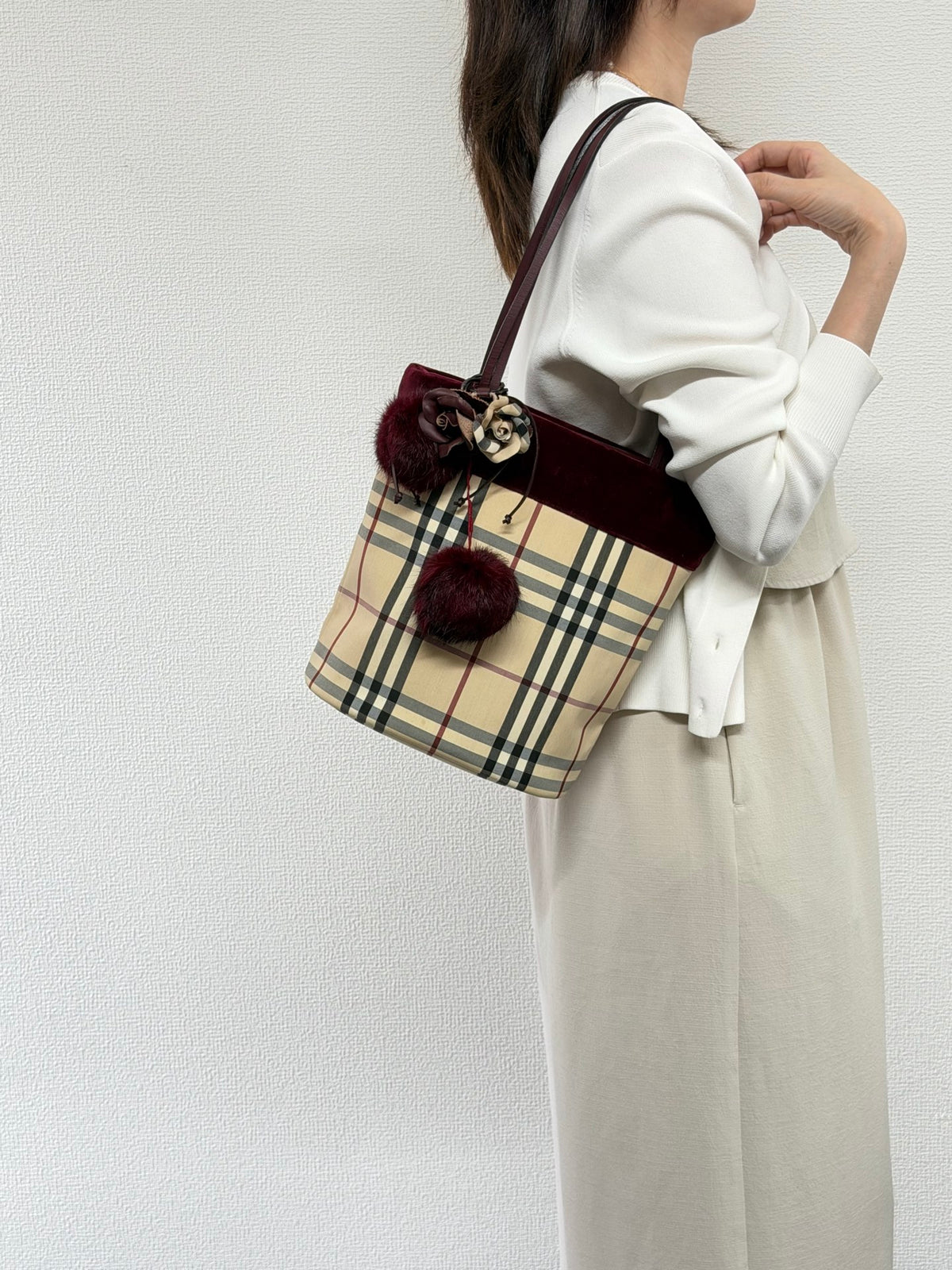 Burberry Nova Check Canvas Bucket Tote Bag Velvet Trim Burgundy
