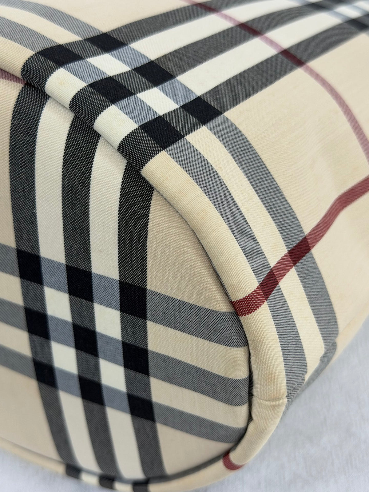 Burberry Nova Check Canvas Bucket Tote Bag Velvet Trim Burgundy