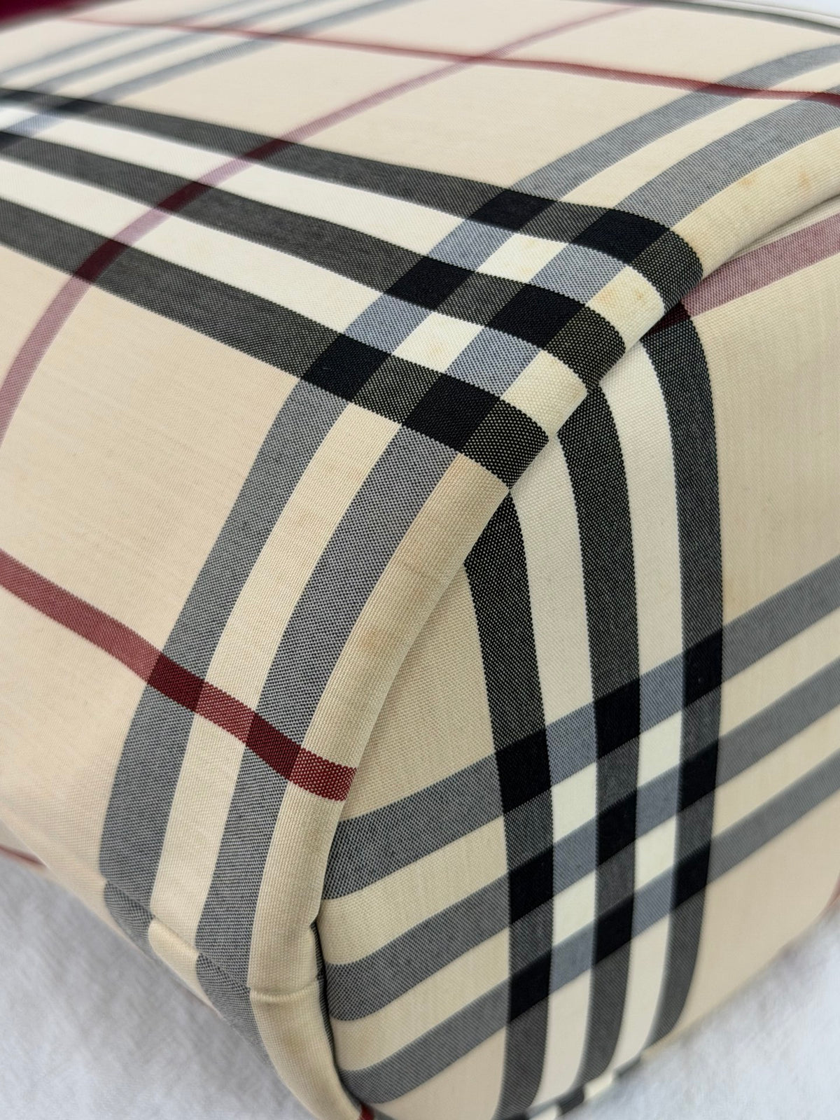 Burberry Nova Check Canvas Bucket Tote Bag Velvet Trim Burgundy