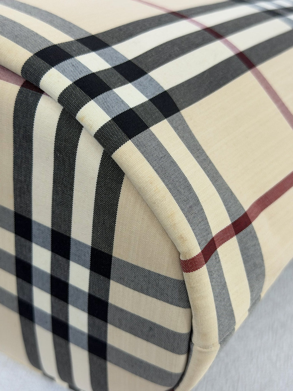 Burberry Nova Check Canvas Bucket Tote Bag Velvet Trim Burgundy